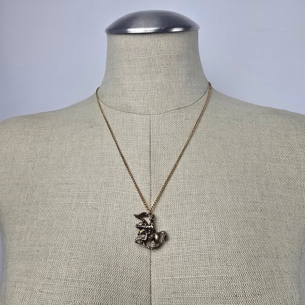 Vintage Gold Tone Knight on Horse Pendant Necklace